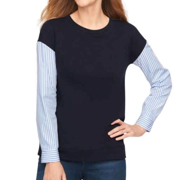 Talbots Top Woven Sleeve Crew Neck Navy Blue Striped Long Sleeve Preppy Twee L - Picture 13 of 14